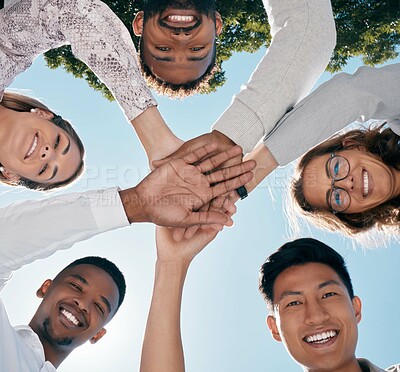 Buy stock photo Team hands, face and happy employee support for business success, diversity solidarity and collaboration outdoor. Teamwork, interracial employees and team building holding hands together for goals