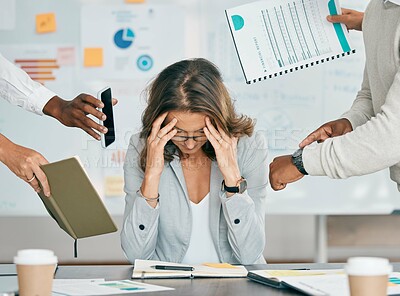 Buy stock photo Stress, headache and business woman with burnout, overworked and overwhelmed with deadline from boss. Mental health, depression and multitasking female employee tired, sad and exhausted in office.