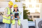 Engineer, man and woman with tablet for online research, schedule for building project and maintenance. Digital, people talking and construction worker with innovation, search internet and inspection