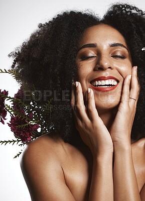Woman rhinestones, face or body art jewels on black background studio in  fashion sparkle, festival accessory or creative party crystals. Happy  smile, afro or beauty model skin or makeup cosmetic gems