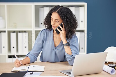 Buy stock photo Planning, writing and phone call of black woman architect focused in professional office. Strategy, architecture and productivity of employee in communication with client on smartphone.