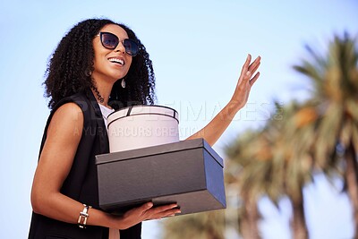 Buy stock photo Black woman, shopping and gifts with smile waiting for lift, pickup or travel with fashion clothing in Miami. Happy African American female shopper smiling in happiness for purchase, sale or discount