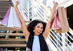 Celebration, sale and portrait of black woman with shopping discount for luxury fashion retail products. Happy customer, winner and excited girl with mall shopping bags in Chicago, USA.