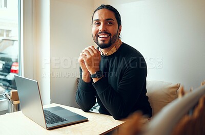 Buy stock photo Portrait smile, startup cafe or man with laptop for social media, networking or blog content review. Manager, happy or coffee shop employee with tech for social network, research or internet app 