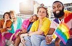 Friends, city and portrait of lgbt people with rainbow flag for support, queer celebration and parade for solidarity. Diversity, lgbtq community and group enjoy freedom, happiness and pride identity