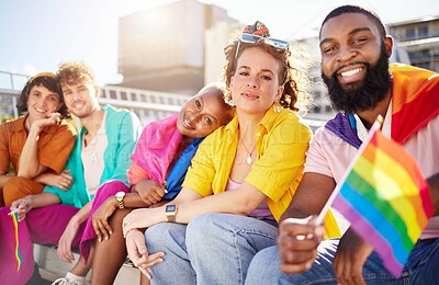 Buy stock photo Friends, city and portrait of lgbt people with rainbow flag for support, queer celebration and parade for solidarity. Diversity, lgbtq community and group enjoy freedom, happiness and pride identity