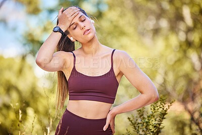 Buy stock photo Tired, running and sweat with woman at nature park for workout, cardio or endurance training. Exhausted, breathing and fatigue with girl runner jogging in forest for goal, stamina and exercise