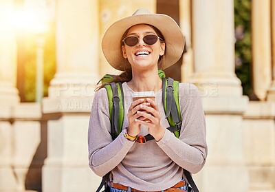 Buy stock photo Woman portrait, backpack or coffee cup in travel, sightseeing or city adventure and takeaway drink, tea or beverage. Smile, happy or tourist student with mug, urban fashion hat or summer sunglasses