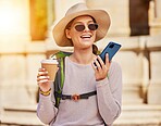 Woman, backpack or phone call in travel, sightseeing or adventure in city with voice message, recording or coffee. Smile, happy or tourist on mobile communication technology, internet or social media