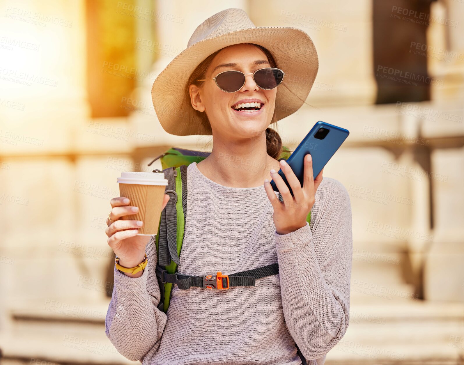 Buy stock photo Woman, backpack or phone call in travel, sightseeing or adventure in city with voice message, recording or coffee. Smile, happy or tourist on mobile communication technology, internet or social media