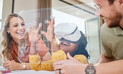 Buy stock photo VR, education and family learning with a screen, metaverse studying and 3d homework. Creative, innovation and interracial mother, father and child helping with technology for knowledge together