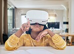 Augmented reality, education and child with headset for test in virtual class in metaverse online. Futuristic elearning, vr and innovation in technology for children in home school with icon overlay.