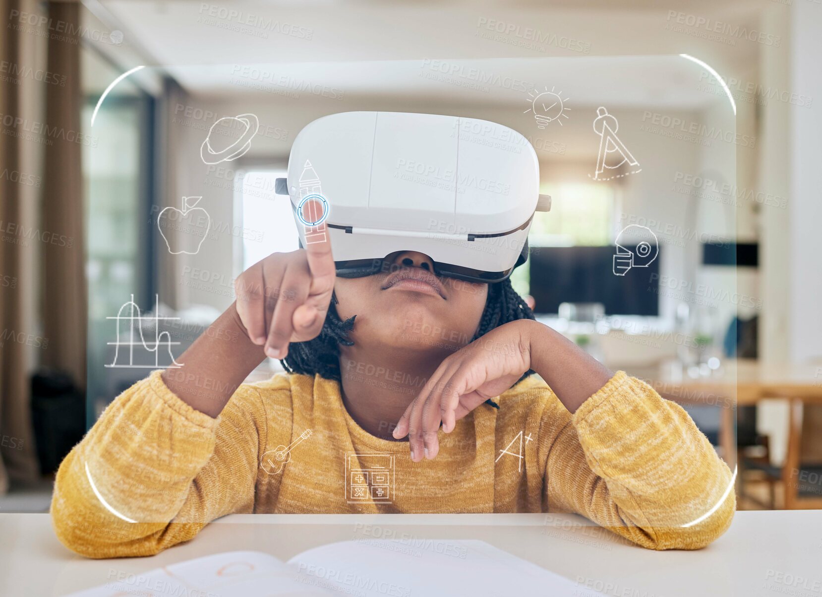 Buy stock photo Augmented reality, education and child with headset for test in virtual class in metaverse online. Futuristic elearning, vr and innovation in technology for children in home school with icon overlay.