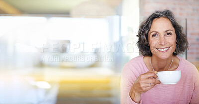 Buy stock photo Portrait, mockup and senior woman drinking coffee or tea in the morning happy, relax and smiling in cafe. Elderly, old and female enjoying an espresso on retirement feeling calm and confident