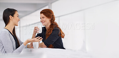 Buy stock photo Women friends, coffee date and communication with chat at cafe or cafeteria, gossip and catch up with mockup space. Talk, bonding and spending quality time together, friendship and relax with drink