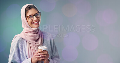 Buy stock photo Coffee, face portrait and muslim woman in studio isolated on a bokeh background mockup. Tea, mock up or happy Islamic female worker holding refreshing beverage, caffeine or espresso on break to relax