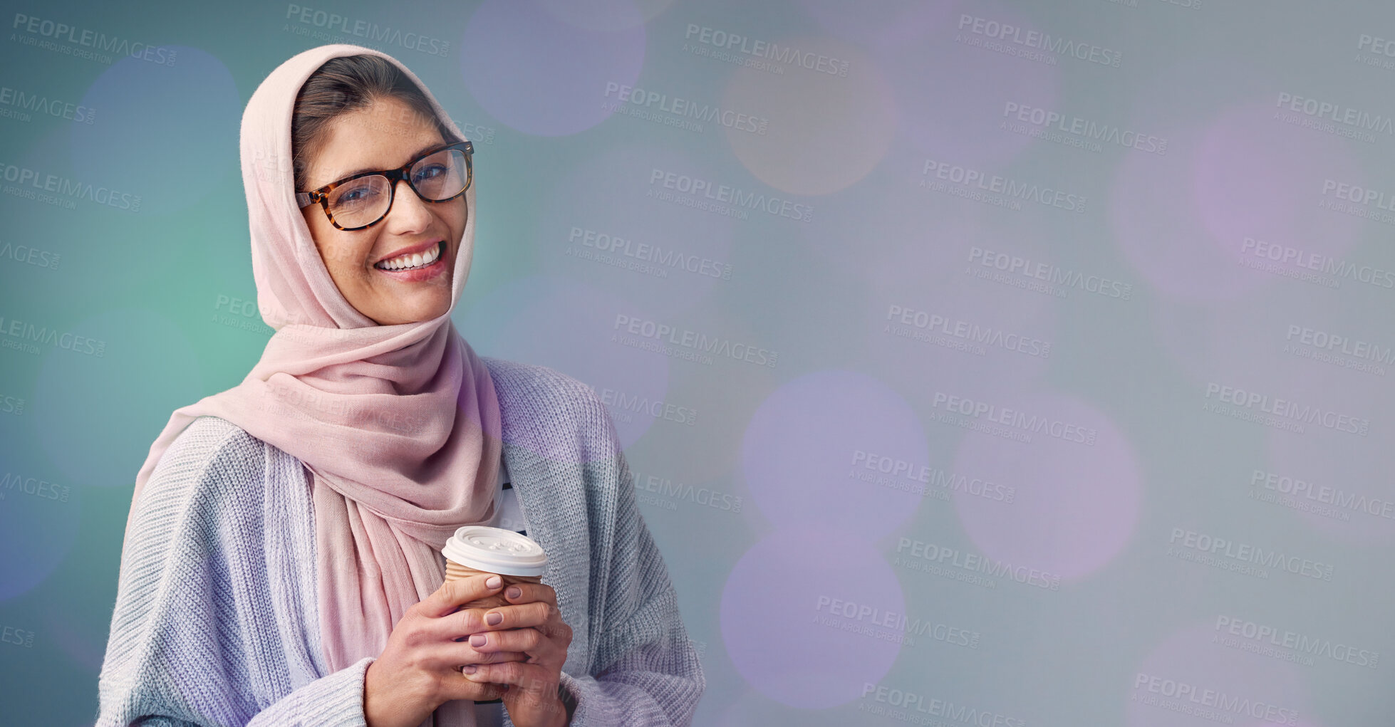 Buy stock photo Coffee, face portrait and muslim woman in studio isolated on a bokeh background mockup. Tea, mock up or happy Islamic female worker holding refreshing beverage, caffeine or espresso on break to relax