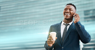 Buy stock photo Phone call, coffee and businessman happy, smile and confident against a building background. Black guy, entrepreneur and smartphone networking, conversation and call with good news while in a city