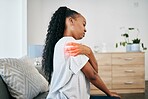 Joint pain, injury and black woman, health and emergency, medical problem with accident and red overlay. Orthopedic healthcare, inflammation and muscle tension, stress on shoulder and injured person