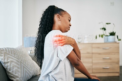 Buy stock photo Pain in arm, injury and black woman, health and emergency, medical problem with accident and red overlay. Orthopedic healthcare, inflammation and muscle tension, stress on shoulder and injured person