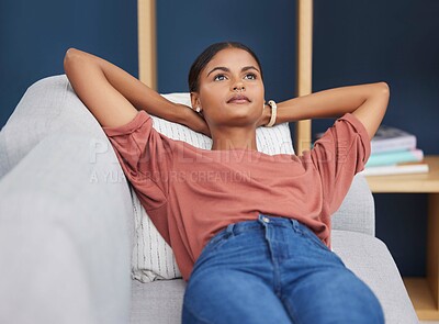 Buy stock photo Relax, thinking and black woman on sofa for afternoon nap or rest in calm apartment on weekend. Sleep, daydream idea and girl on couch relaxing on lunch break in stress free and zen time to chill.