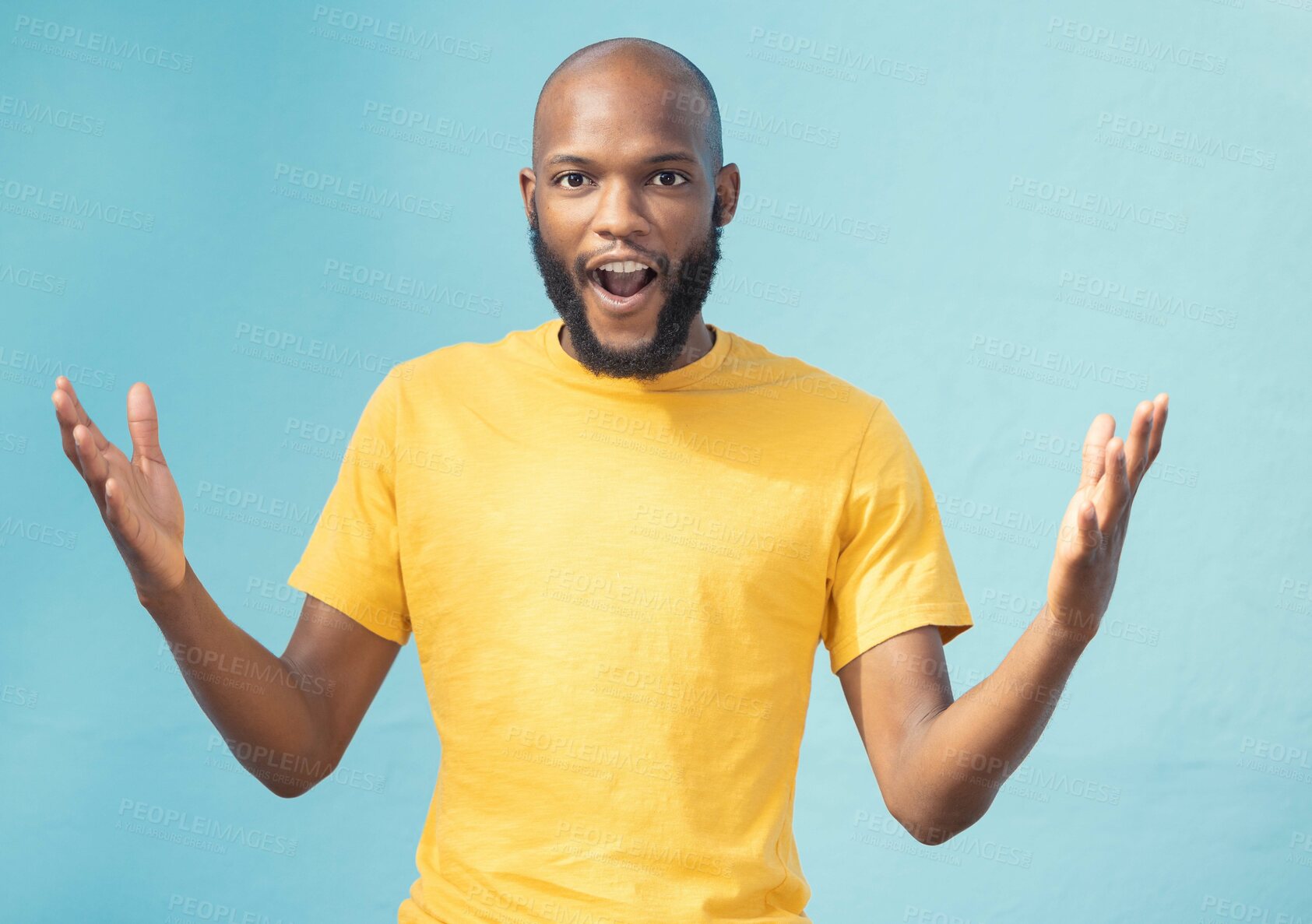 Buy stock photo Portrait, wow and surprise with a black man in studio on a blue background feeling shocked or in awe. Announcement, news or gesture and a surprised male looking on in wonder with an omg expression