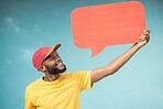 Advertising, speech bubble and black man on blue background for announcement, news and information. Creative marketing, branding mockup and male smile with copy space on poster, billboard and sign