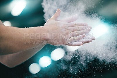 Buy stock photo Sports, gymnastics and hands with chalk powder for competition, performance and challenge in gym. Fitness, motivation and zoom of gymnast athlete clap palms to start exercise, workout and training