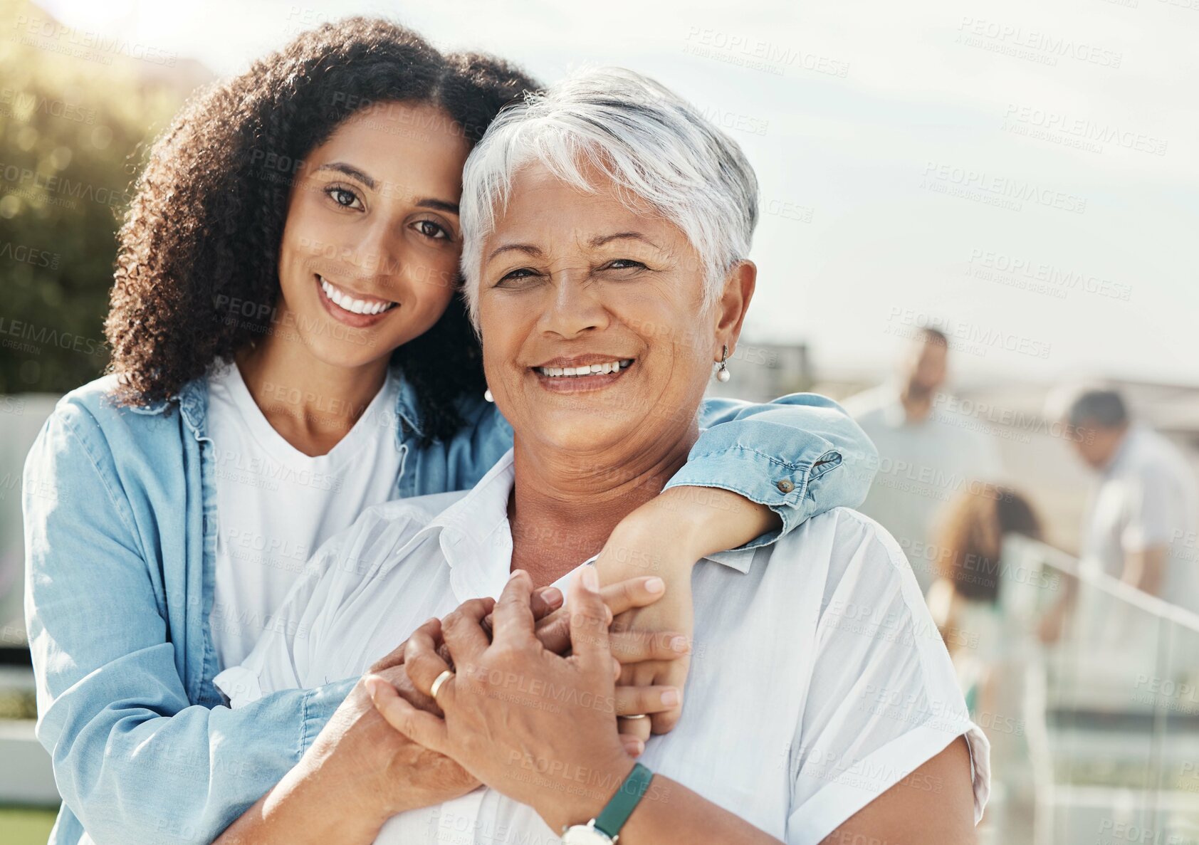 Buy stock photo Mother, grandmother and hug portrait outdoor with family, care and parent love with a smile. Happiness, retirement and mom with elderly woman together on a happy vacation with a senior grandma