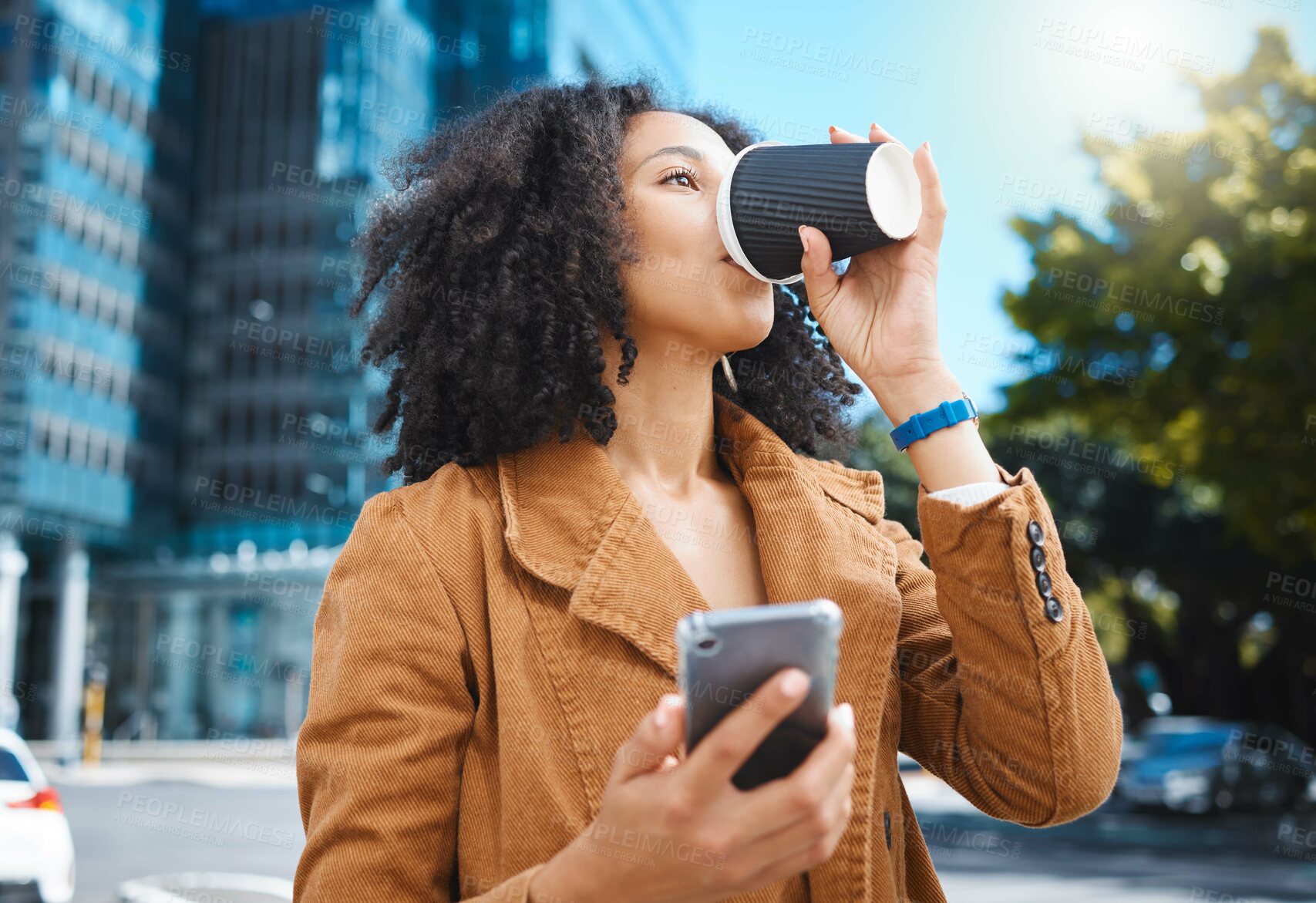 Buy stock photo Drinking coffee, commute and woman with a phone for social media, email and communication in city. Thinking, contact and girl with a drink in the street with a mobile for a website and gps in Norway