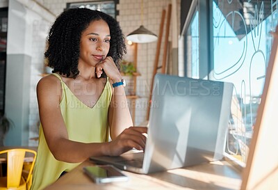 Buy stock photo Coffee shop, laptop and black woman with cafe wifi connection while reading email or feedback. Young entrepreneur person doing remote work, social media or writing blog post content on internet