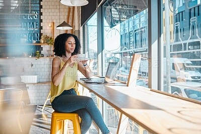Buy stock photo Coffee, tea and woman working in a cafe or Restaurant with laptop drinking espresso and planning. Freelancer, job and online or remote work for young female relax or break in the morning