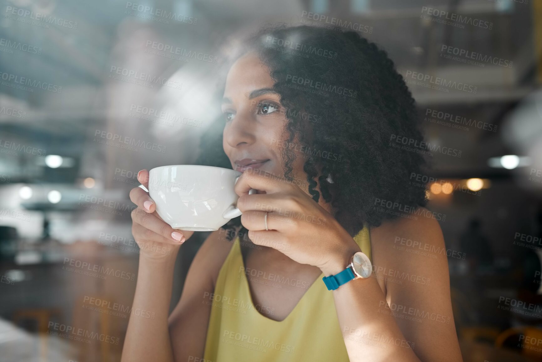 Buy stock photo Morning coffee, thinking black woman and coffee shop window with a person in a restaurant. Cafe, sitting and African female with a hot drink of tea enjoying the day with happiness and an idea