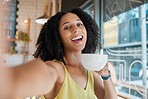 Happy black woman, portrait and selfie in coffee shop, restaurant or bistro of lunch, latte and easy lifestyle. Face, cafe and girl smile with cup of tea drink, cappuccino and photograph of happiness