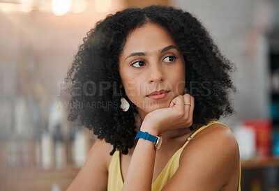 Buy stock photo Black woman, face and thinking in cafe for business idea, vision or wondering in thought waiting for service. African American female contemplating in wonder sitting relaxed indoors at a coffee shop