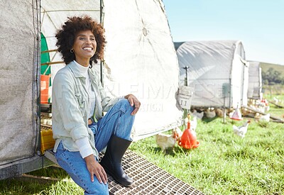 Buy stock photo Agriculture, farming and portrait of black woman on chicken barn or land for sustainability or free range food industry. Sustainable, small business owner or farmer person with animal in countryside