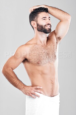Buy stock photo Health, skincare and shower, man with towel, grooming or bathroom routine with muscular body care in studio. Spa, wellness and cleaning skin treatment for fit male model isolated on grey background.
