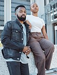 Beauty, fashion and portrait of black couple in city for love, support and summer break. Urban, cool style and relationship with man and woman relax in town for modern, cool and trendy together