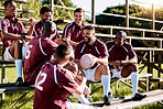 Sports, smile and rugby team on field ready for exercise, training and workout for sport competition. Fitness, teamwork and athletes talking, laughing and happy for match, game or practice on stand