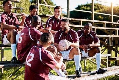 Buy stock photo Sports, smile and rugby team on field ready for exercise, training and workout for sport competition. Fitness, teamwork and athletes talking, laughing and happy for match, game or practice on stand