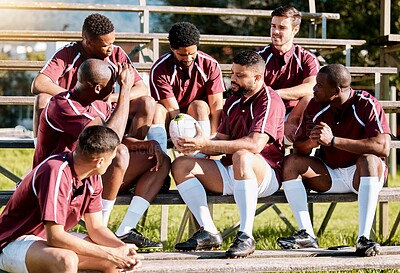 Buy stock photo Sports, fitness and rugby team with ball ready for exercise, training and workout for field practice. Depression, teamwork and sad athletes on stadium stand after match, game and competition loss