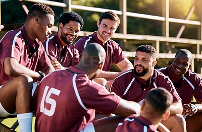 Buy stock photo Rugby, men and sports team talking, relax and share ideas for training at a field. Fitness, friends and man group discuss game strategy before match, workout and planning, preparation and huddle