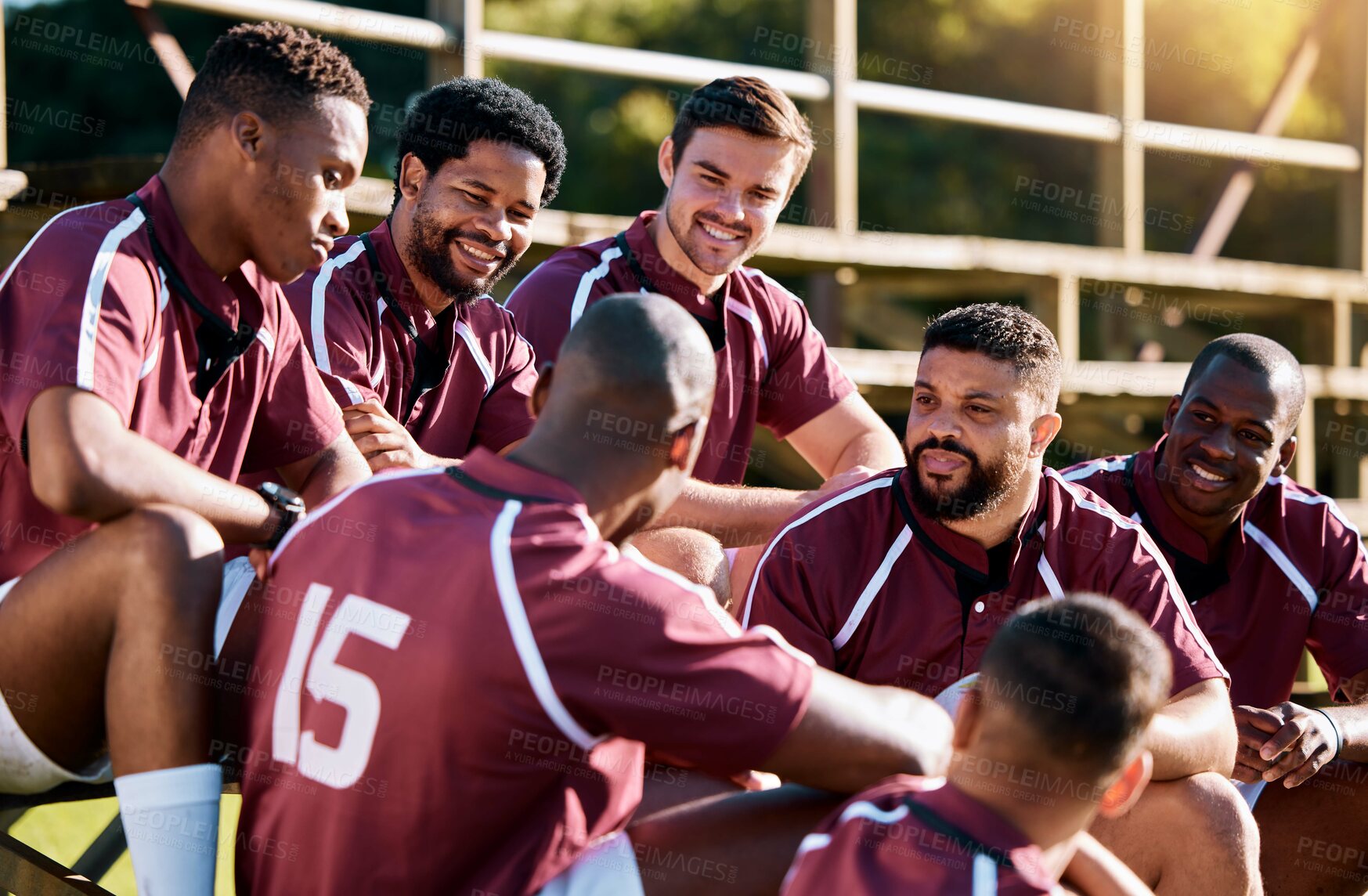 Buy stock photo Rugby, men and sports team talking, relax and share ideas for training at a field. Fitness, friends and man group discuss game strategy before match, workout and planning, preparation and huddle