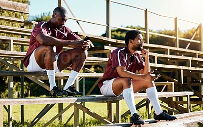 Buy stock photo Rugby break, phone and men or team for social media update, sports fitness planning and blog tips. Relax, ideas and 5g networking of athlete or black people on smartphone for website or online chat