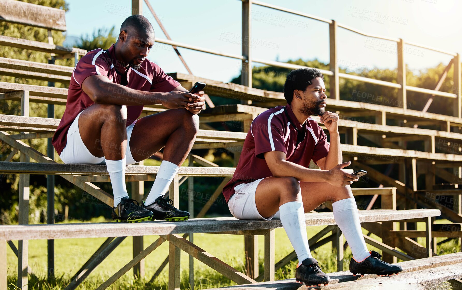 Buy stock photo Rugby break, phone and men or team for social media update, sports fitness planning and blog tips. Relax, ideas and 5g networking of athlete or black people on smartphone for website or online chat