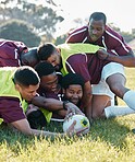 Goal, tackle or rugby team in training, exercise or fun practice workout match on sports field together. Ball, strong man or powerful group in tough competitive game with physical fitness or effort 