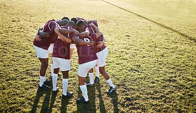 Buy stock photo Man, huddle and team on grass field for sports motivation, coordination or collaboration in the outdoors. Group of sport men in fitness training, planning or strategy in solidarity for game on mockup