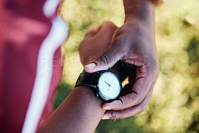 Buy stock photo Hands, smartwatch and fitness, heart rate check and sports, black man outdoor with health and technology. Workout, steps and digital, app and exercise with training, runner or athlete with progress