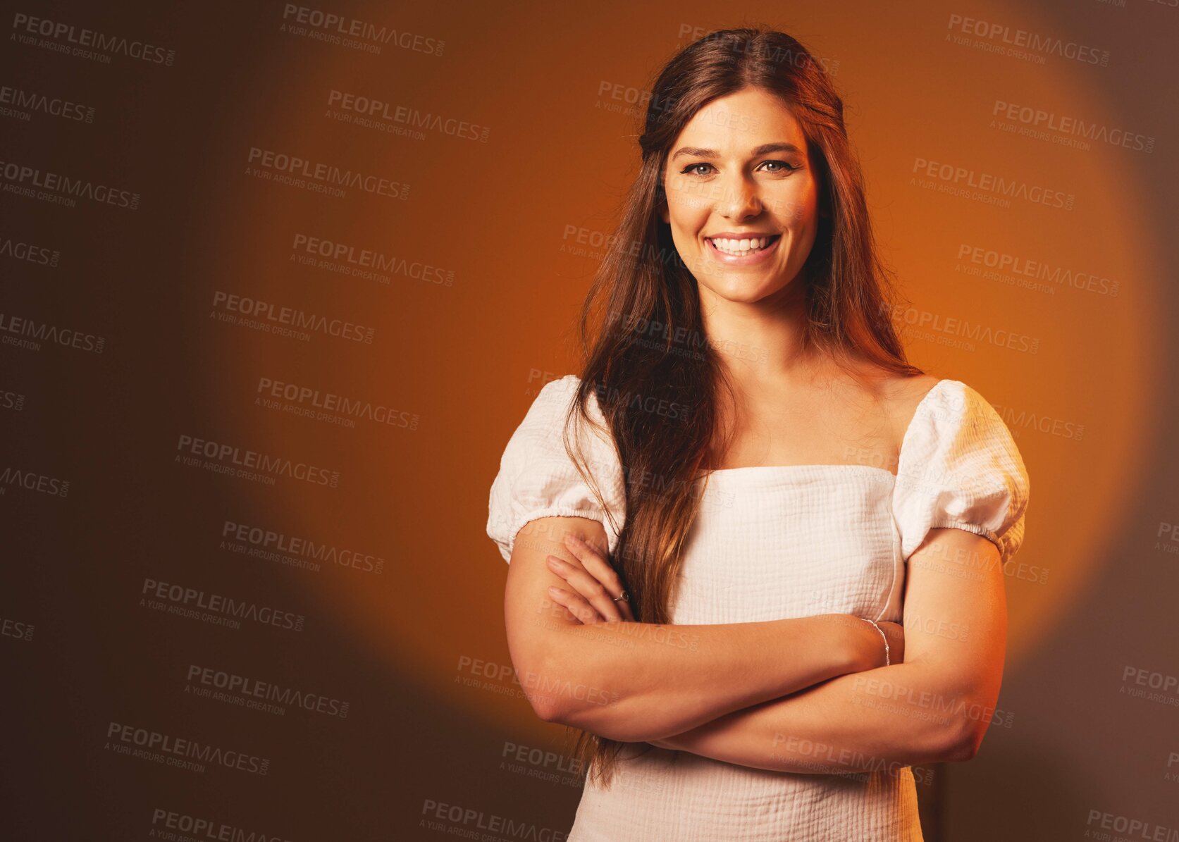 Buy stock photo Portrait, gen z and woman arms crossed, fashion and smile with girl against brown studio background. Face, female and lady with trendy designer clothes, casual or beauty with empowerment or happiness