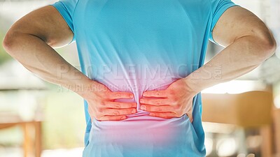 Buy stock photo Hands, back pain and fitness injury in gym after accident, workout or training. Sports, health and athlete man with fibromyalgia, inflammation or painful spine, fracture or arthritis after exercise.